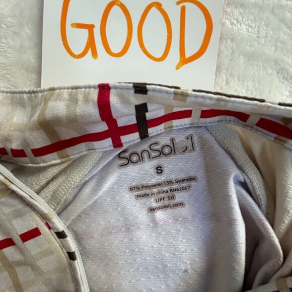 SanSoleil Beige Red Plaid Long Sleeve Mock Neck Golf Shirt Small UPF 50 Stretch - Picture 3 of 7